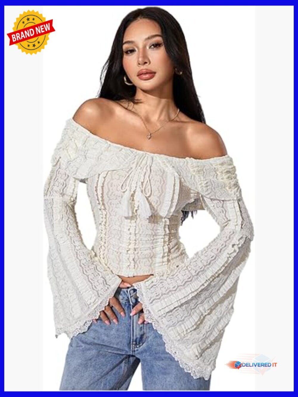 Off Shoulder Lace Crop Top Bell Sleeve Going Out Y2K